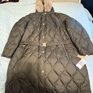 Michael Kors Olive Quilted Puffer Coat with Faux Fur